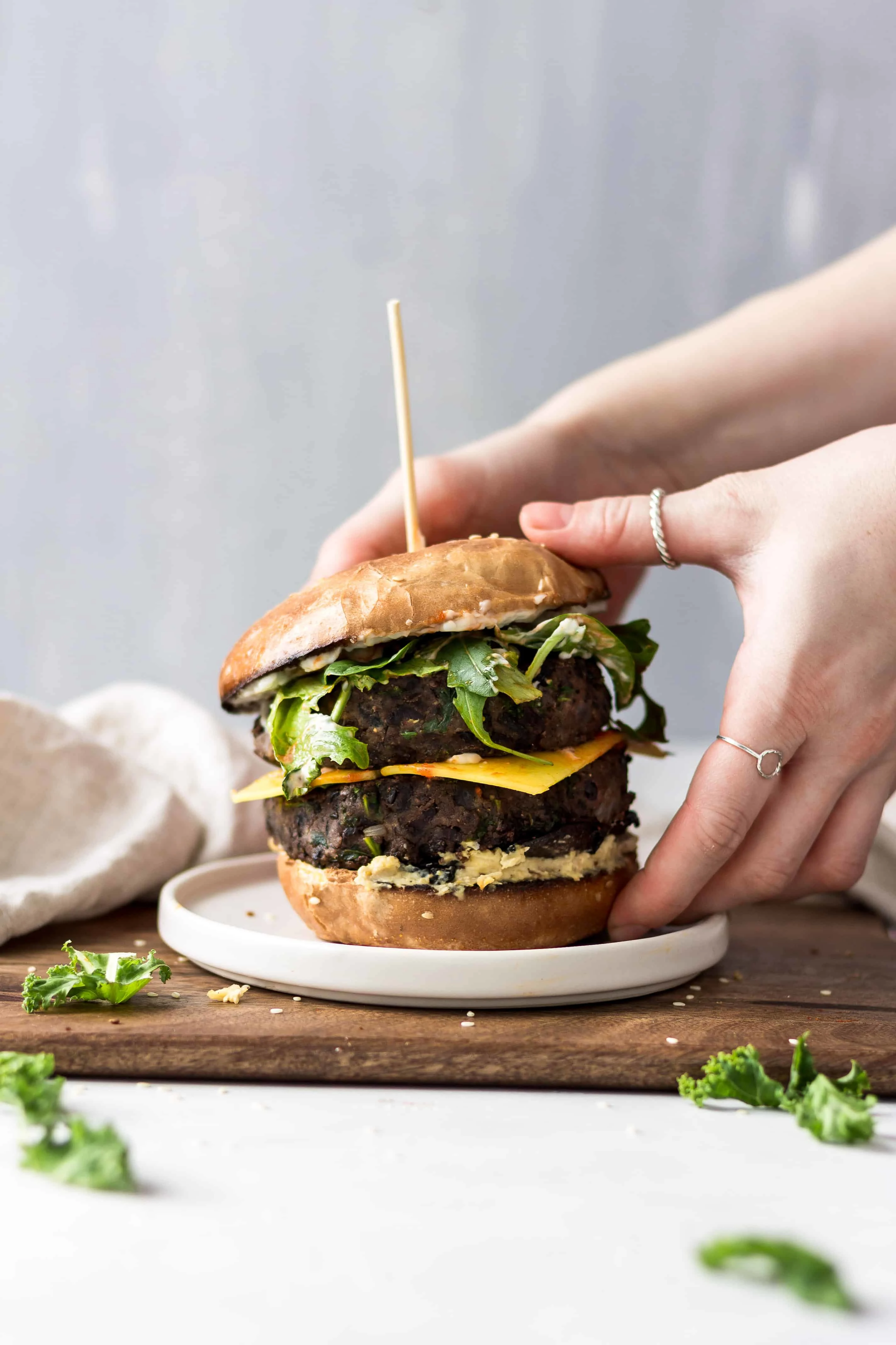 vegan black bean burger hand grab