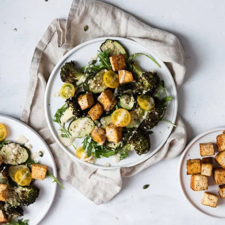Vegan Courgette, Broccoli and Rocket Salad with Crispy Jerk Tofu