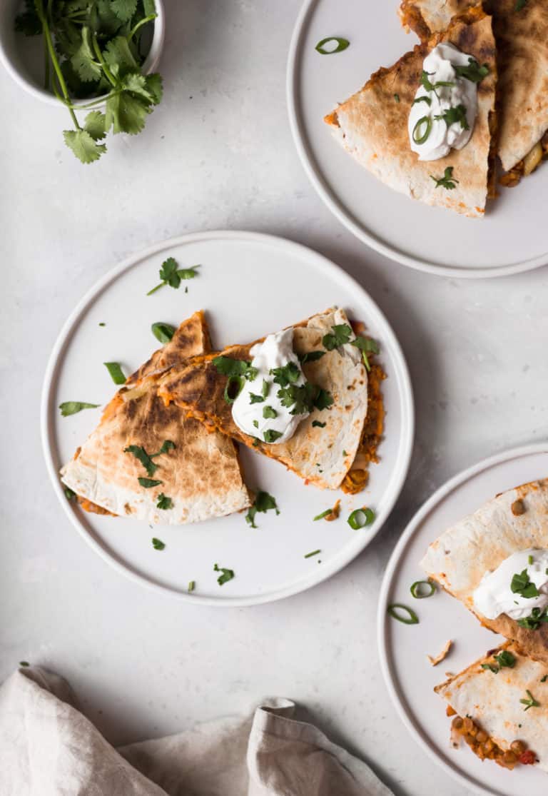 vegan sweet potato lentil quesadillas