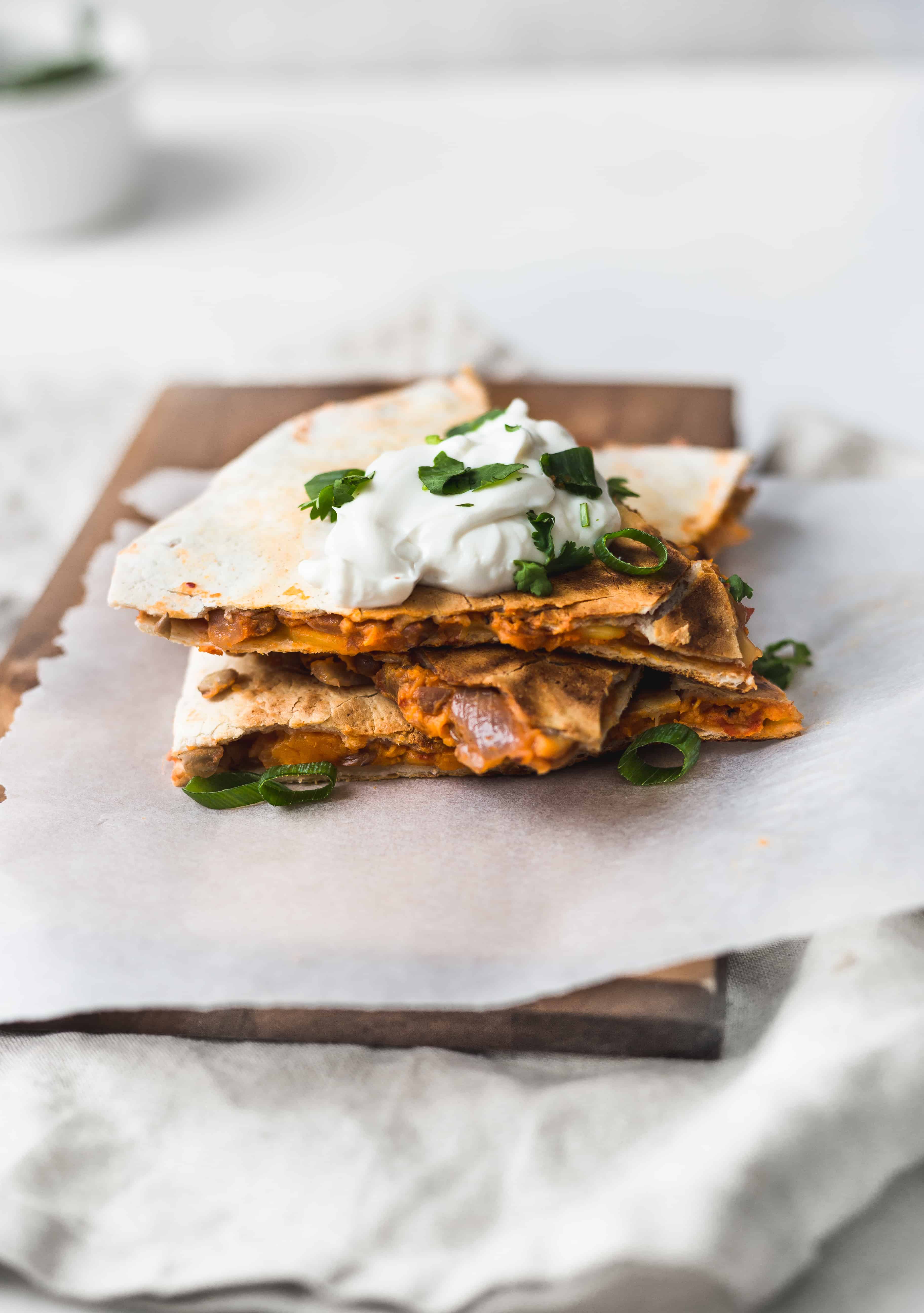 vegan sweet potato lentil quesadillas