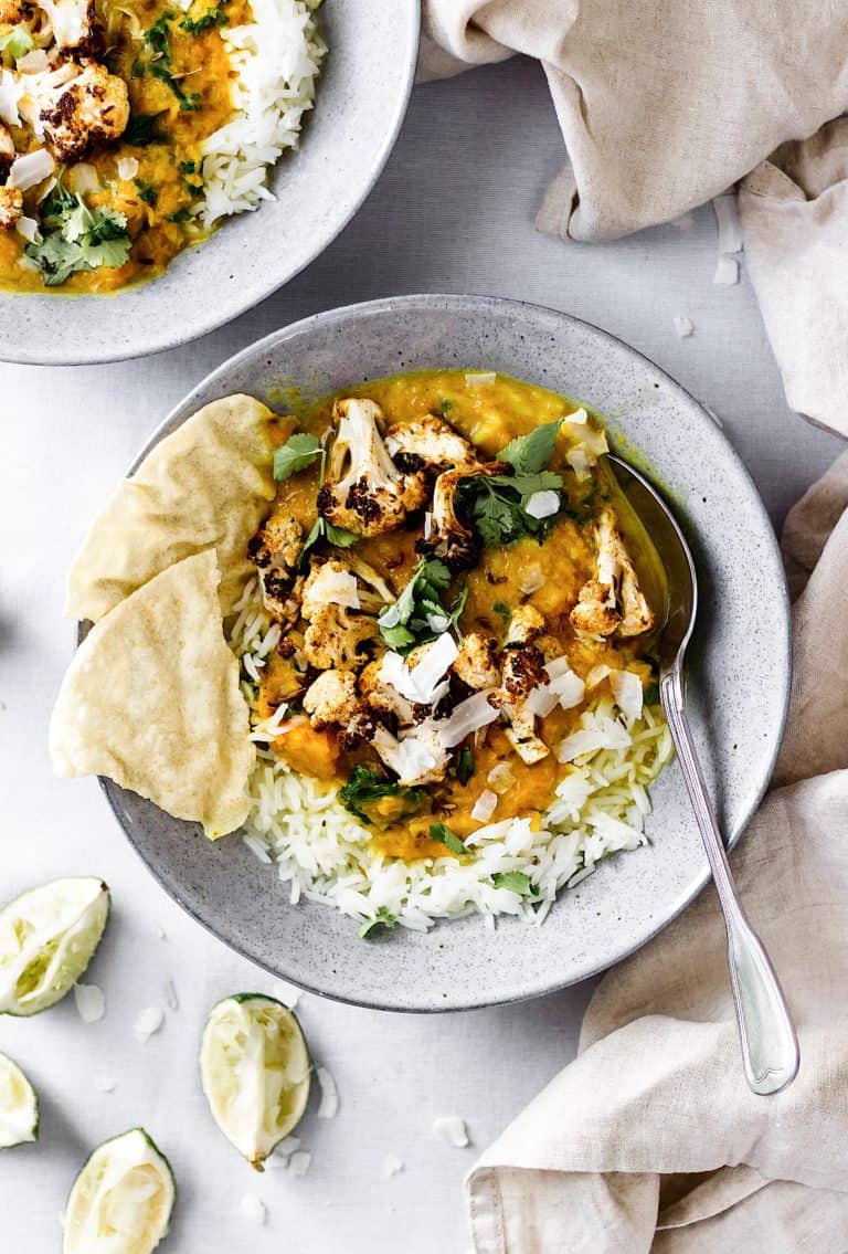 Vegan Butternut and Lentil Curry with Cumin Roasted Cauliflower