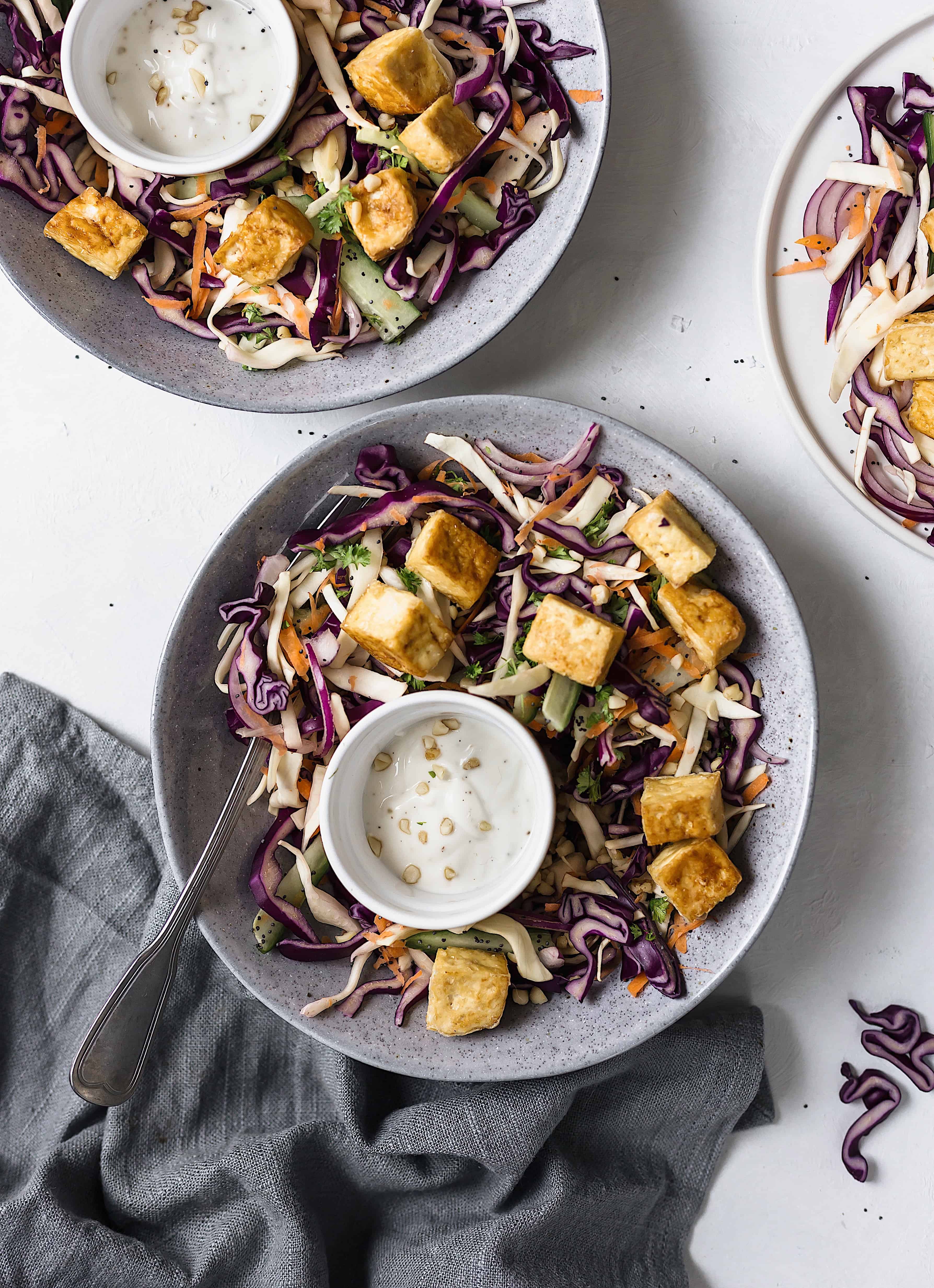vegan coleslaw salad with cris[y tofu and garlic mayo