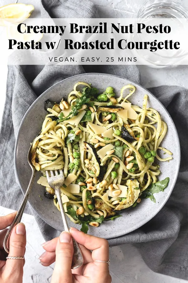 Creamy Brazil Nut Pesto Pasta with Roasted Courgette, Peas & Rocket -  Cupful of Kale