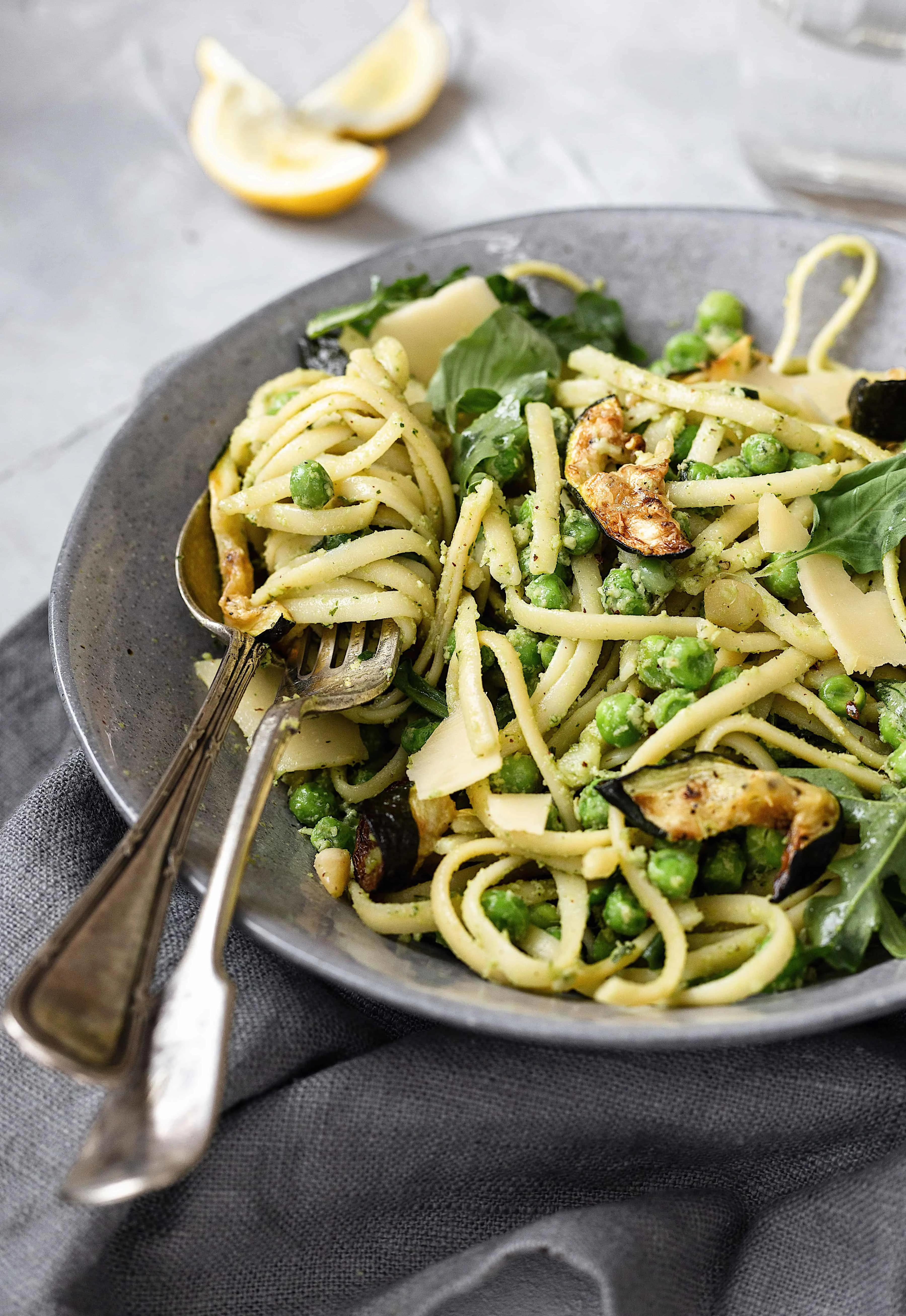 Creamy Brazil Nut Pesto Pasta with Roasted Courgette, Peas