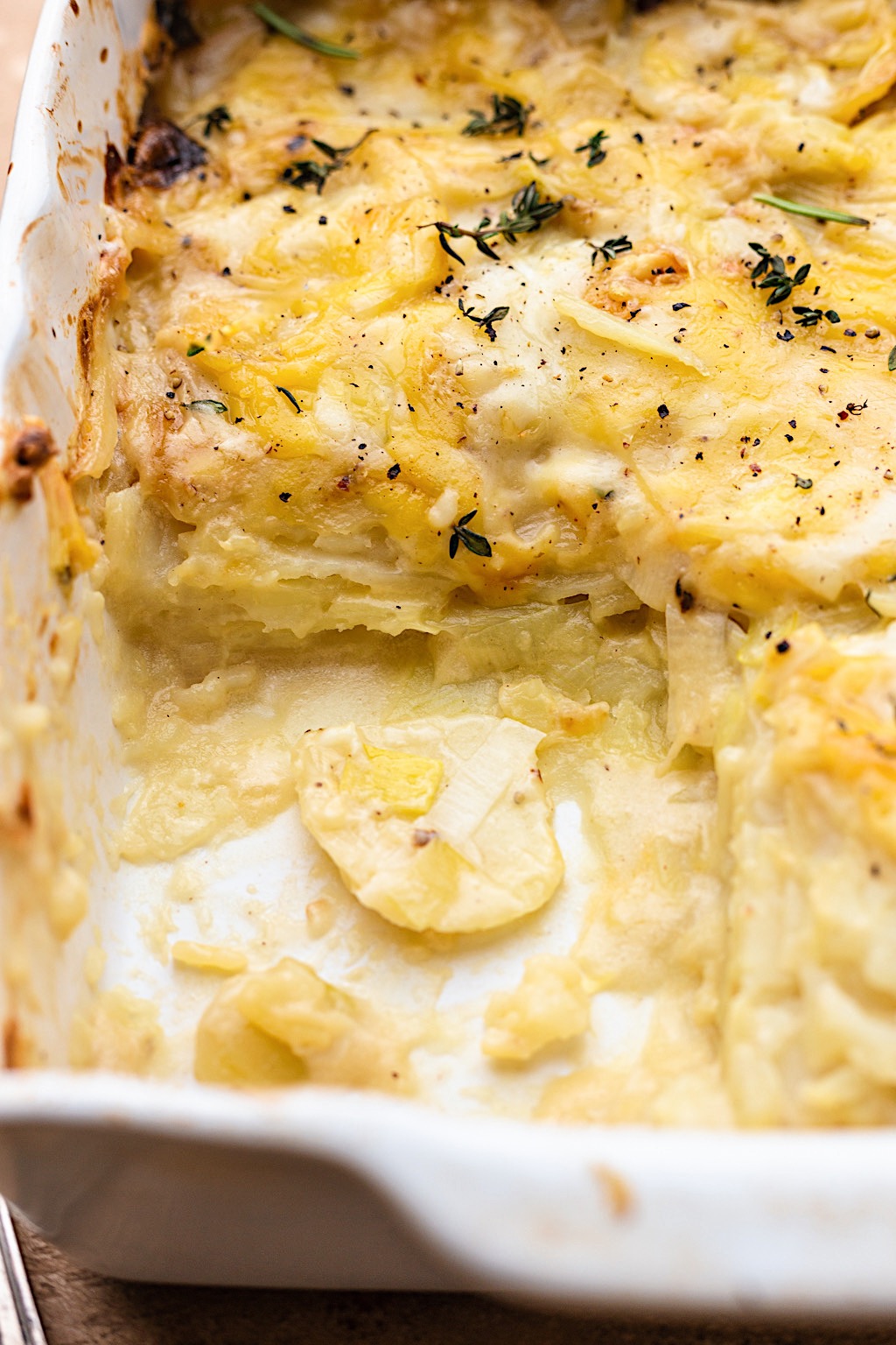 Vegan Leek Dauphinoise Cut Into