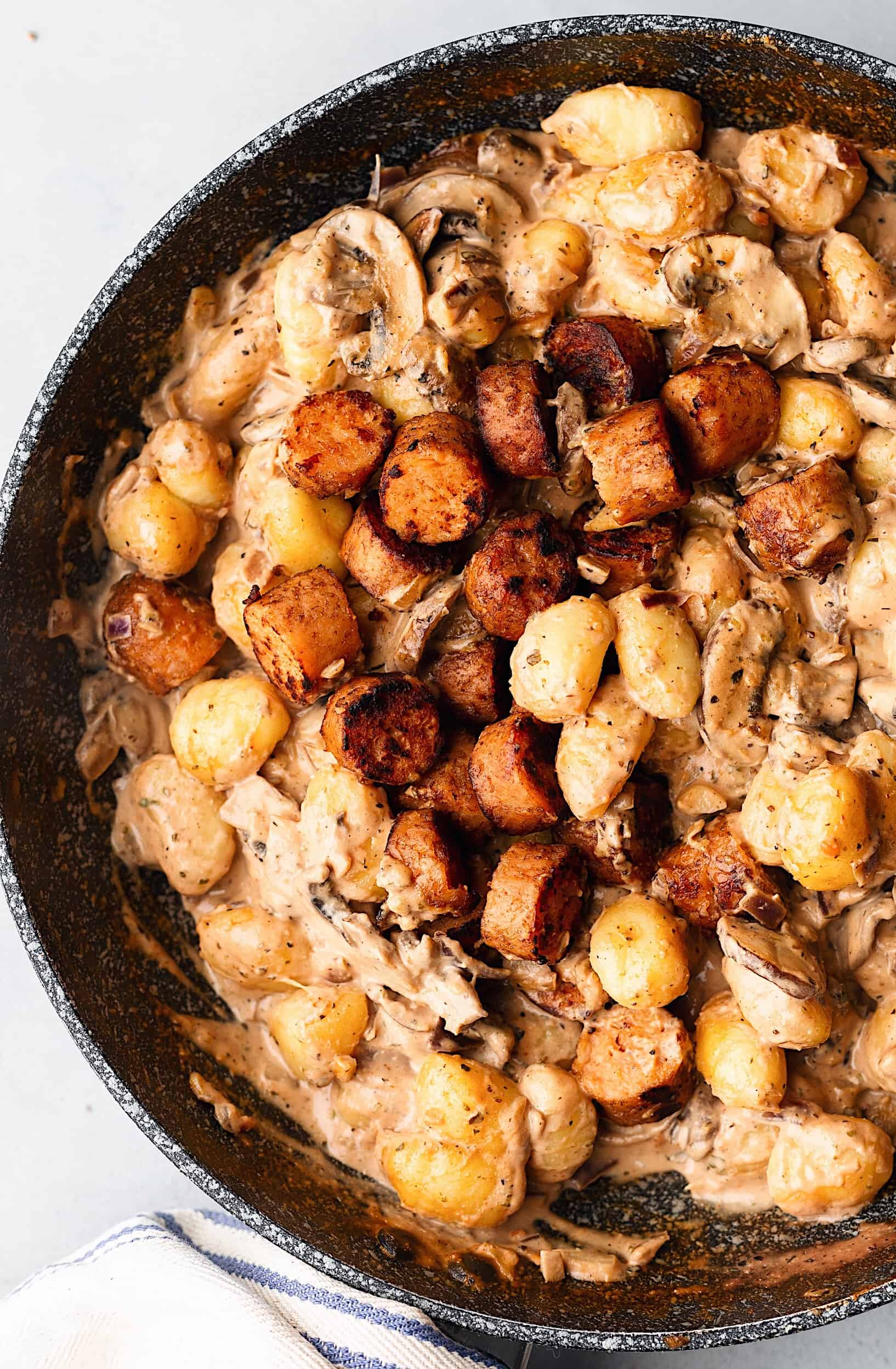 Vegan Creamy Mushroom Sausage Gnocchi Pan