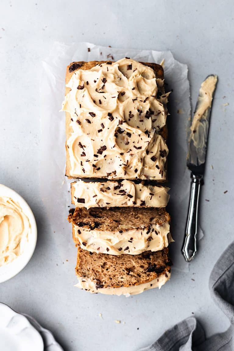 Vegan Chocolate Chip Banana Bread with Peanut Butter Frosting #vegan #recipe #cake