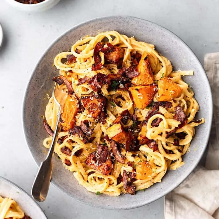 Butternut Squash Carbonara with Coconut Bacon #recipe #vegan #pasta