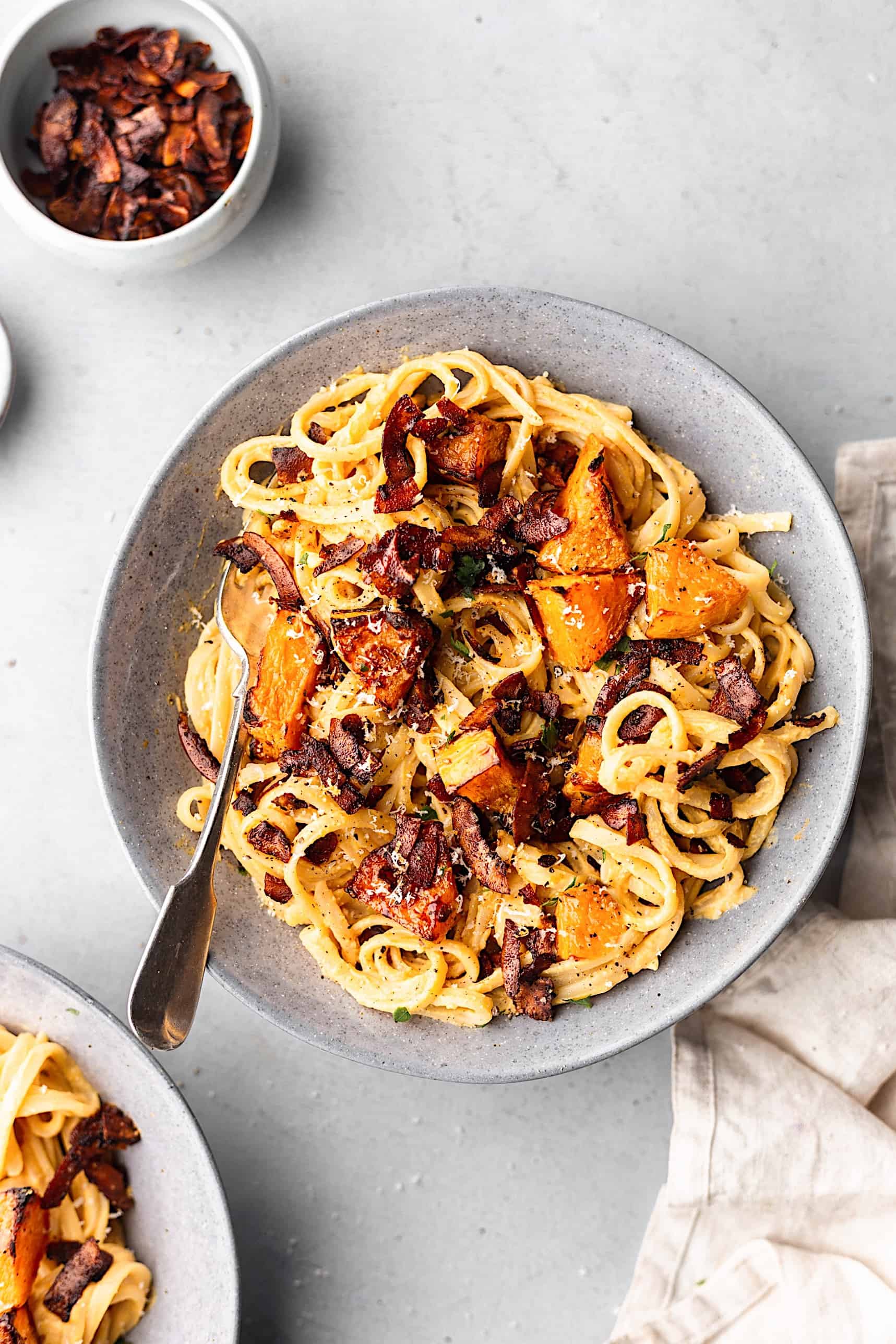 Butternut Squash Carbonara with Coconut Bacon #recipe #vegan #pasta