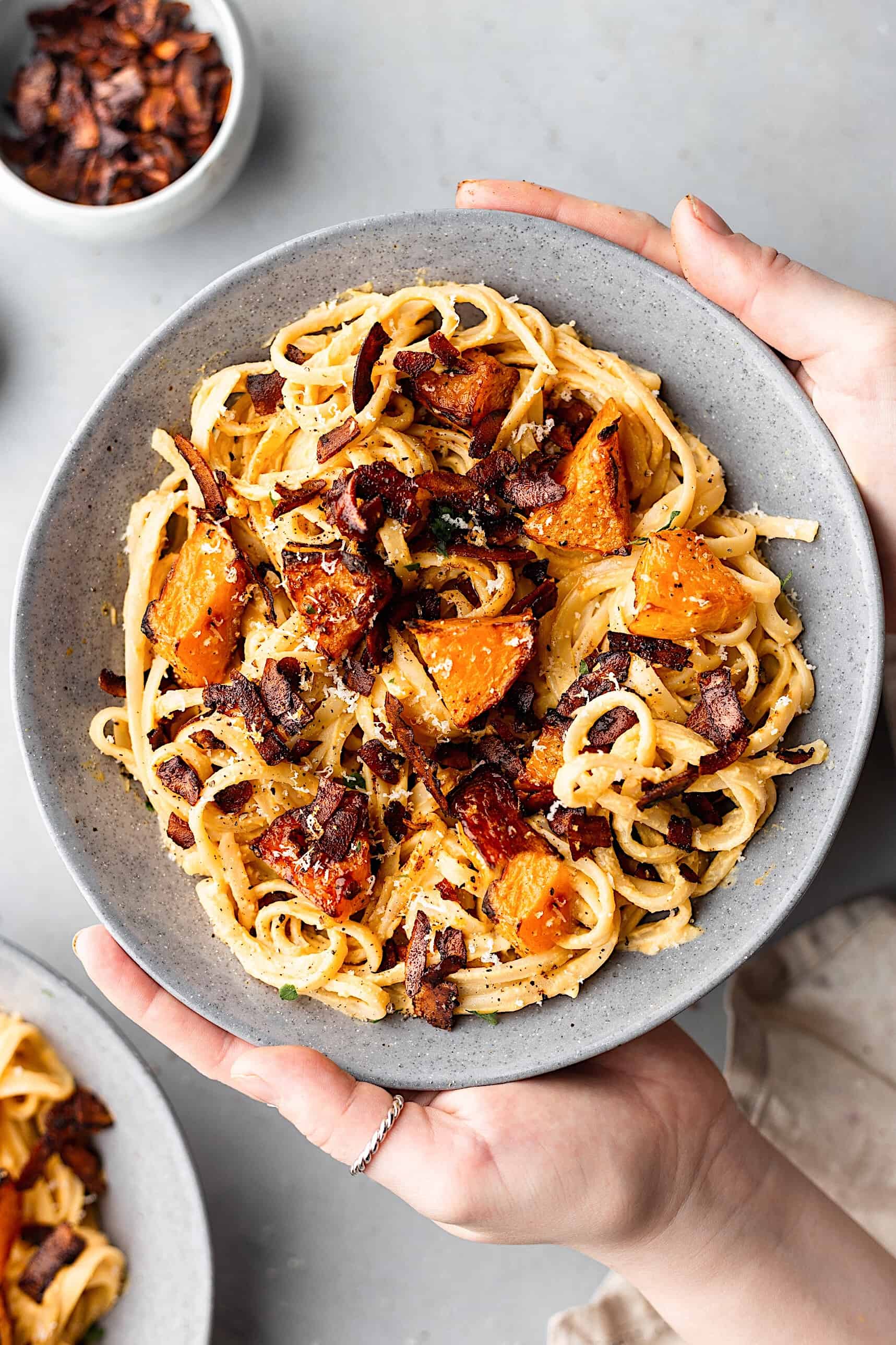 Butternut Squash Carbonara with Coconut Bacon #recipe #vegan #pasta