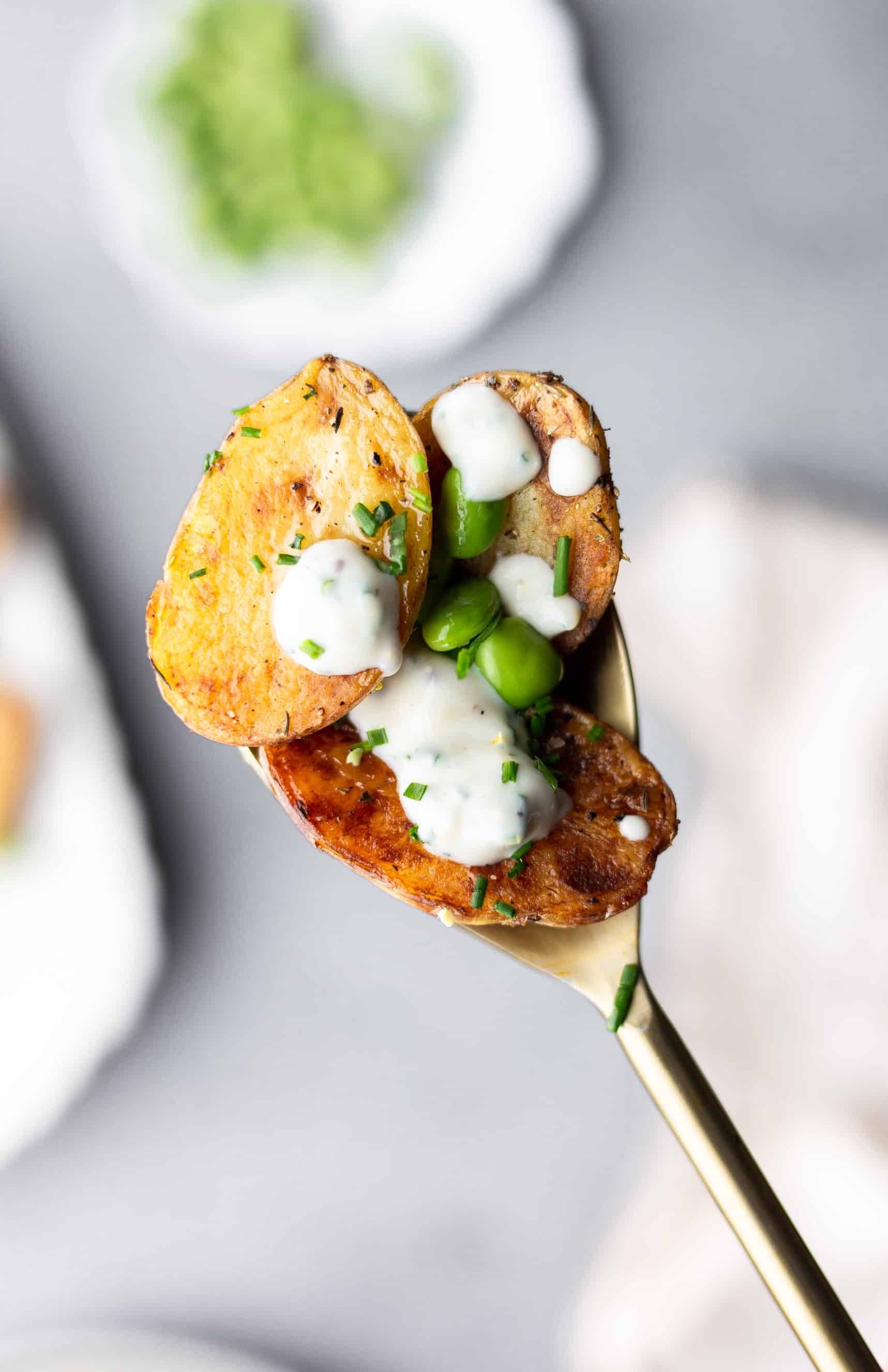 Sauteed New Potatoes with Edamame and Lemon Chive Yoghurt #recipe #vegan #potato #salad