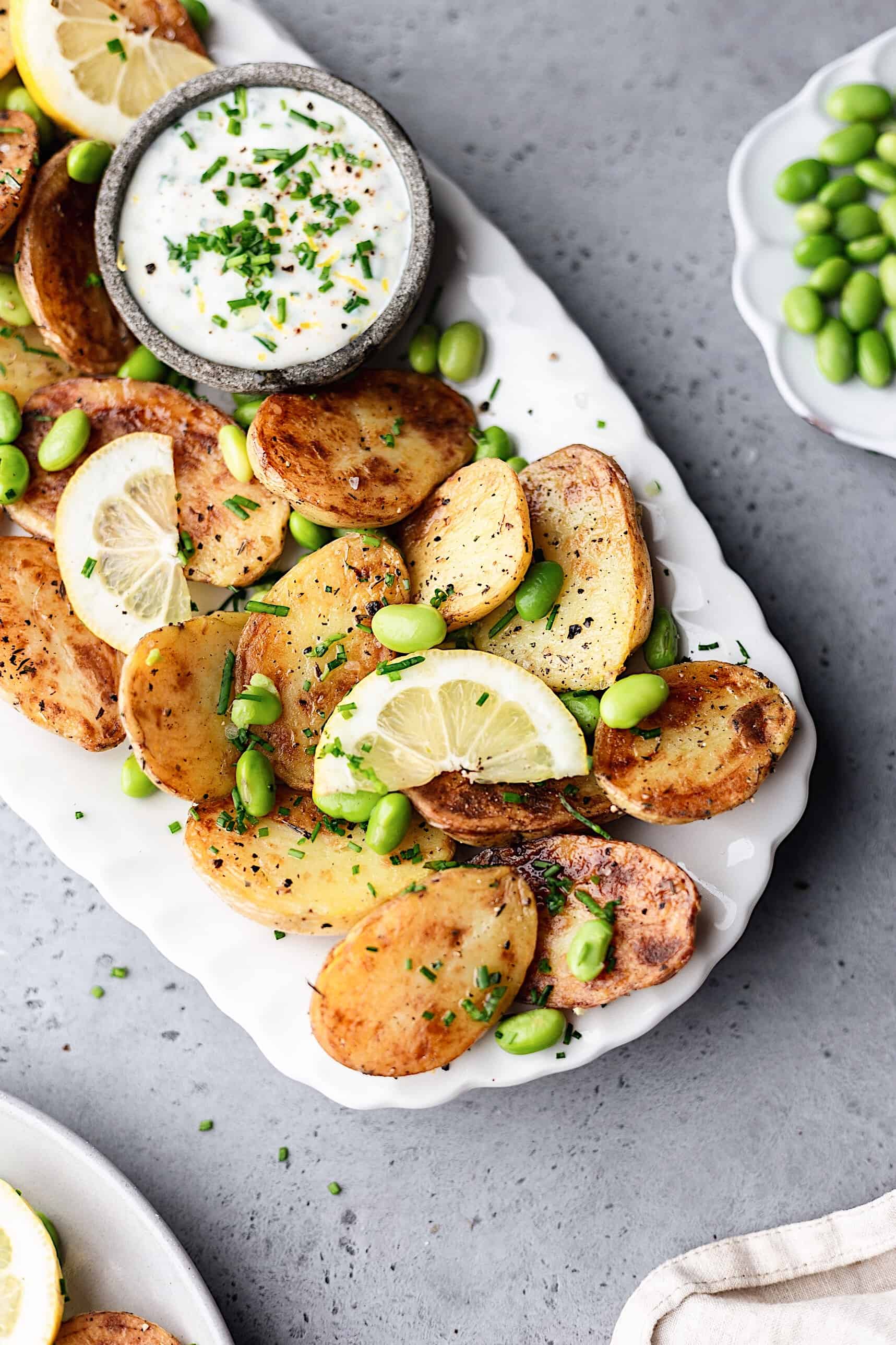 Sauteed New Potatoes with Edamame and Lemon Chive Yoghurt #recipe #vegan #potato #salad