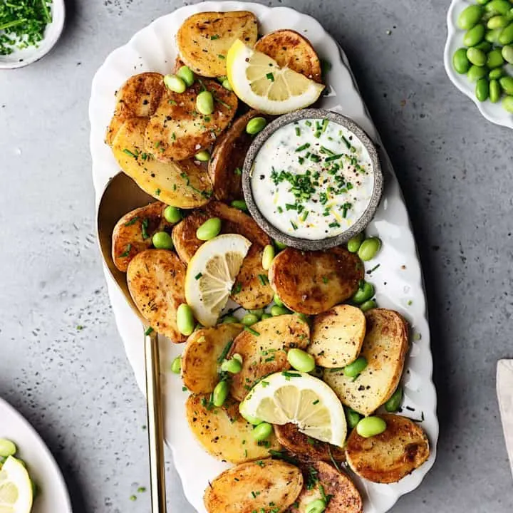 Sauteed New Potatoes with Edamame and Lemon Chive Yoghurt #recipe #vegan #potato #salad