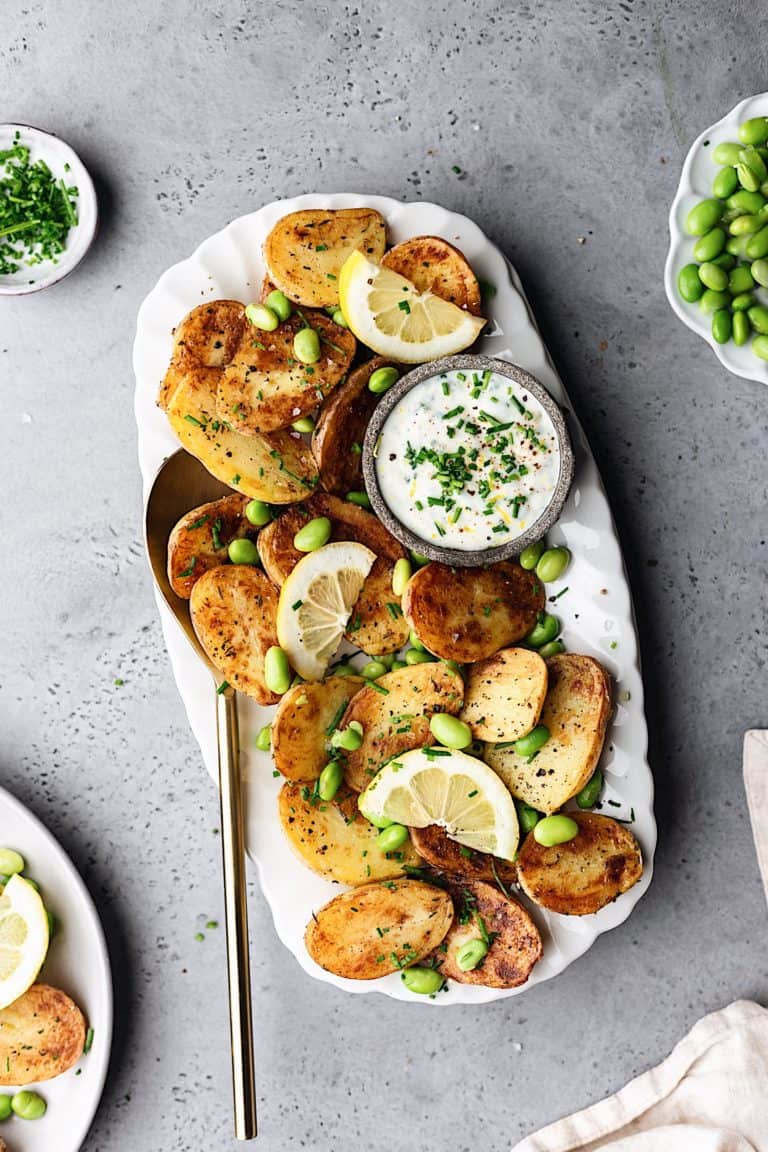 Sauteed New Potatoes with Edamame and Lemon Chive Yoghurt #recipe #vegan #potato #salad