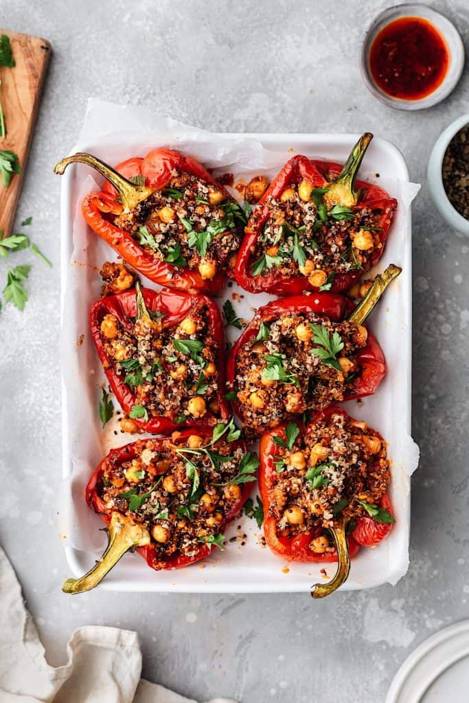 Chickpea and Quinoa Harissa Stuffed Peppers #peppers #harissa #vegan #recipe #vegetarian