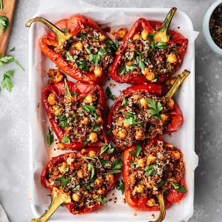 Chickpea and Quinoa Harissa Stuffed Peppers #peppers #harissa #vegan #recipe #vegetarian