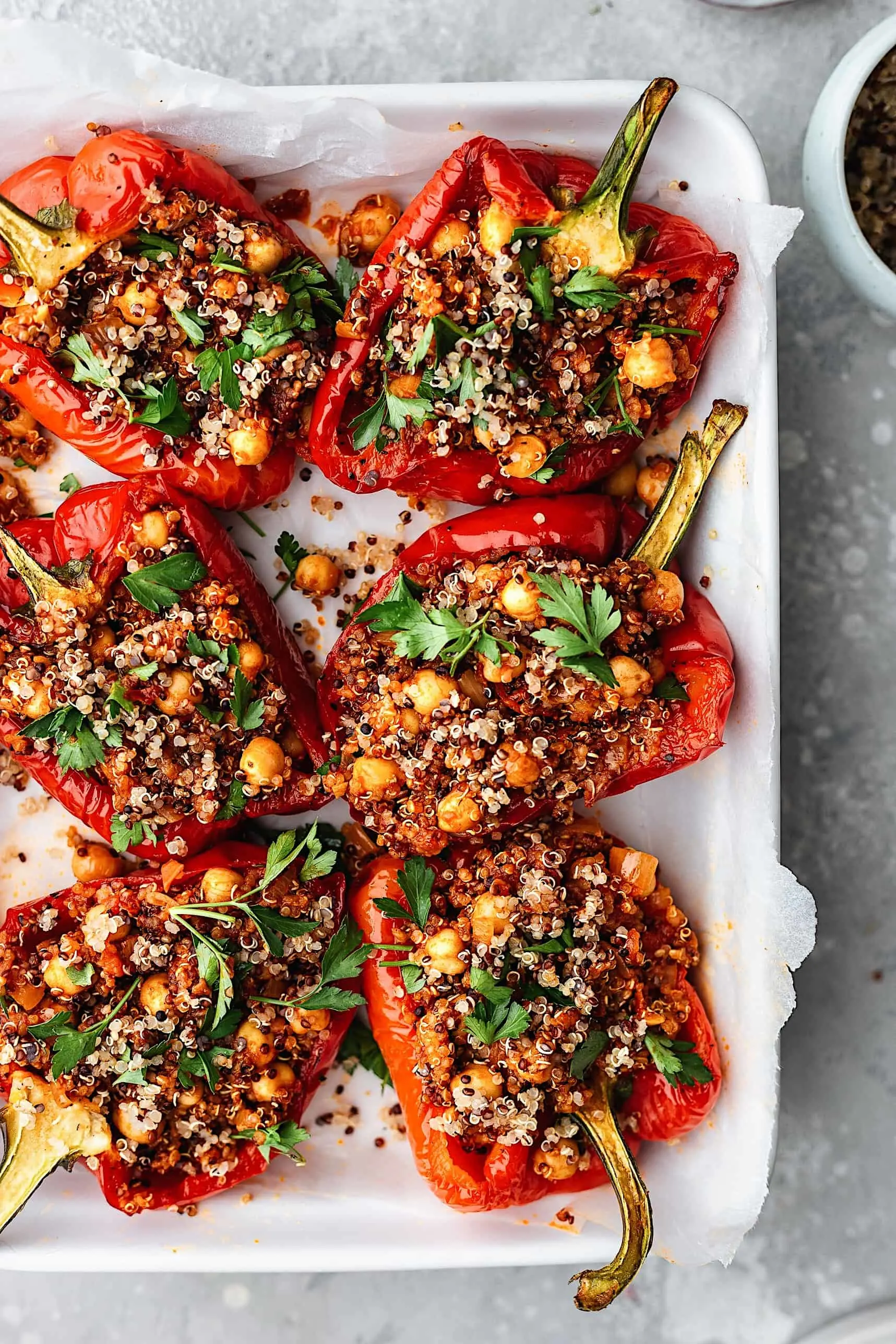 Chickpea and Quinoa Harissa Stuffed Peppers #peppers #harissa #vegan #recipe #vegetarian 