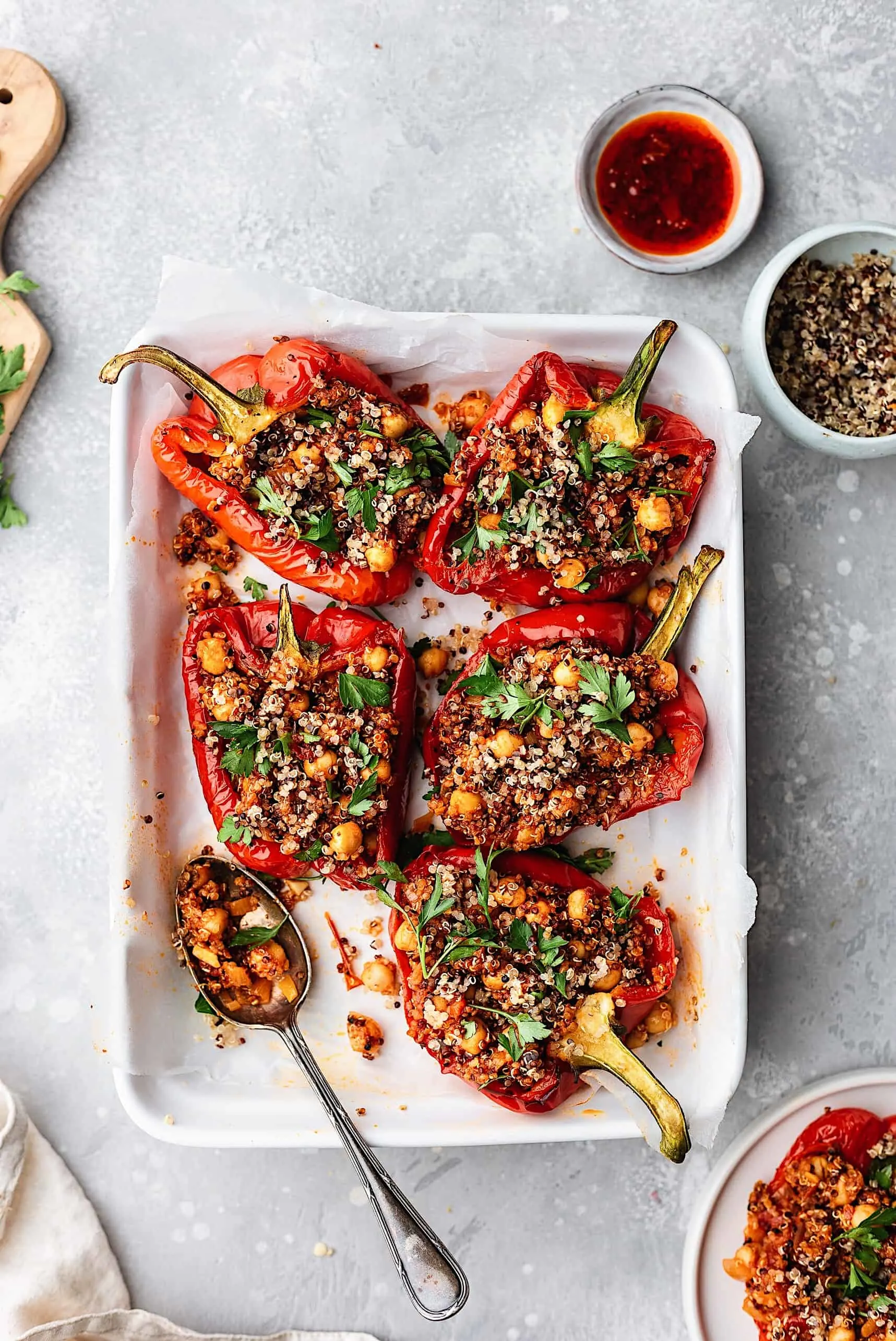 Chickpea and Quinoa Harissa Stuffed Peppers #peppers #harissa #vegan #recipe #vegetarian