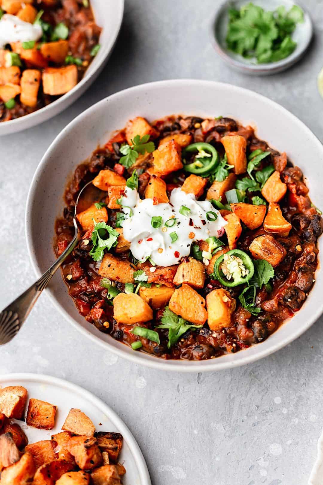 Black Bean Chipotle Chili with Roasted Sweet Potato Cupful of Kale