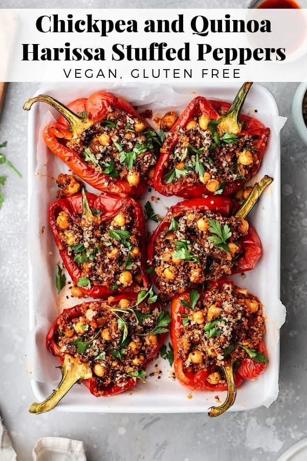 Chickpea Quinoa Harissa Stuffed Peppers #pepper #quinoa #chickpea #vegan #vegetarian #recipe