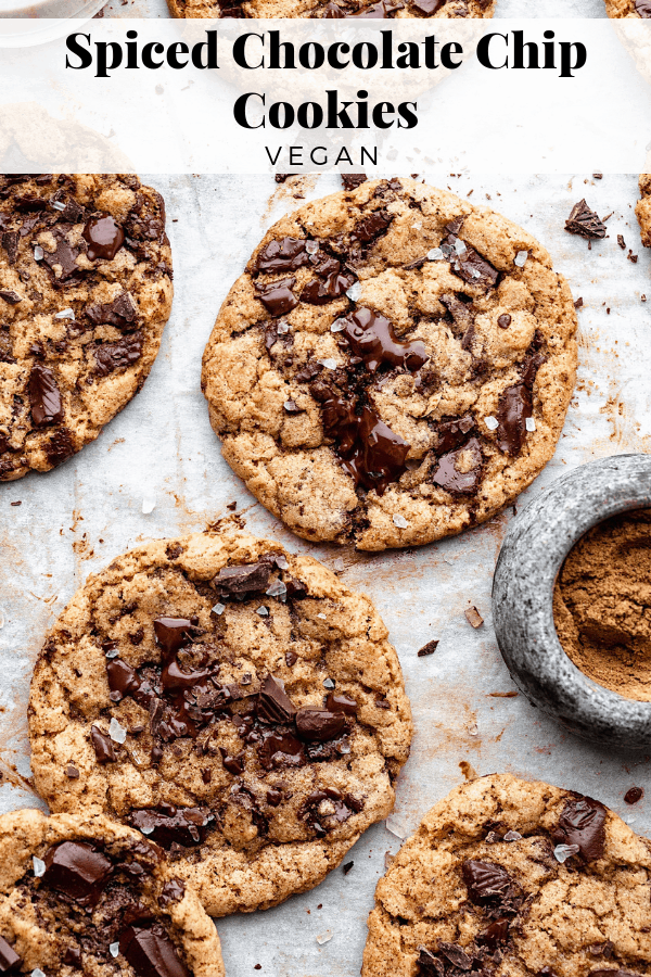 Vegan Spiced Chocolate Chip Cookies #vegan #recipe #chocolate #chocolatechips #autumn #fall #sweet #dessert 