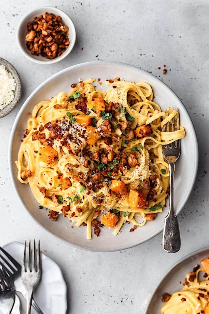 Creamy Butternut Squash Pasta with Sausage Crumbles - Cupful of Kale