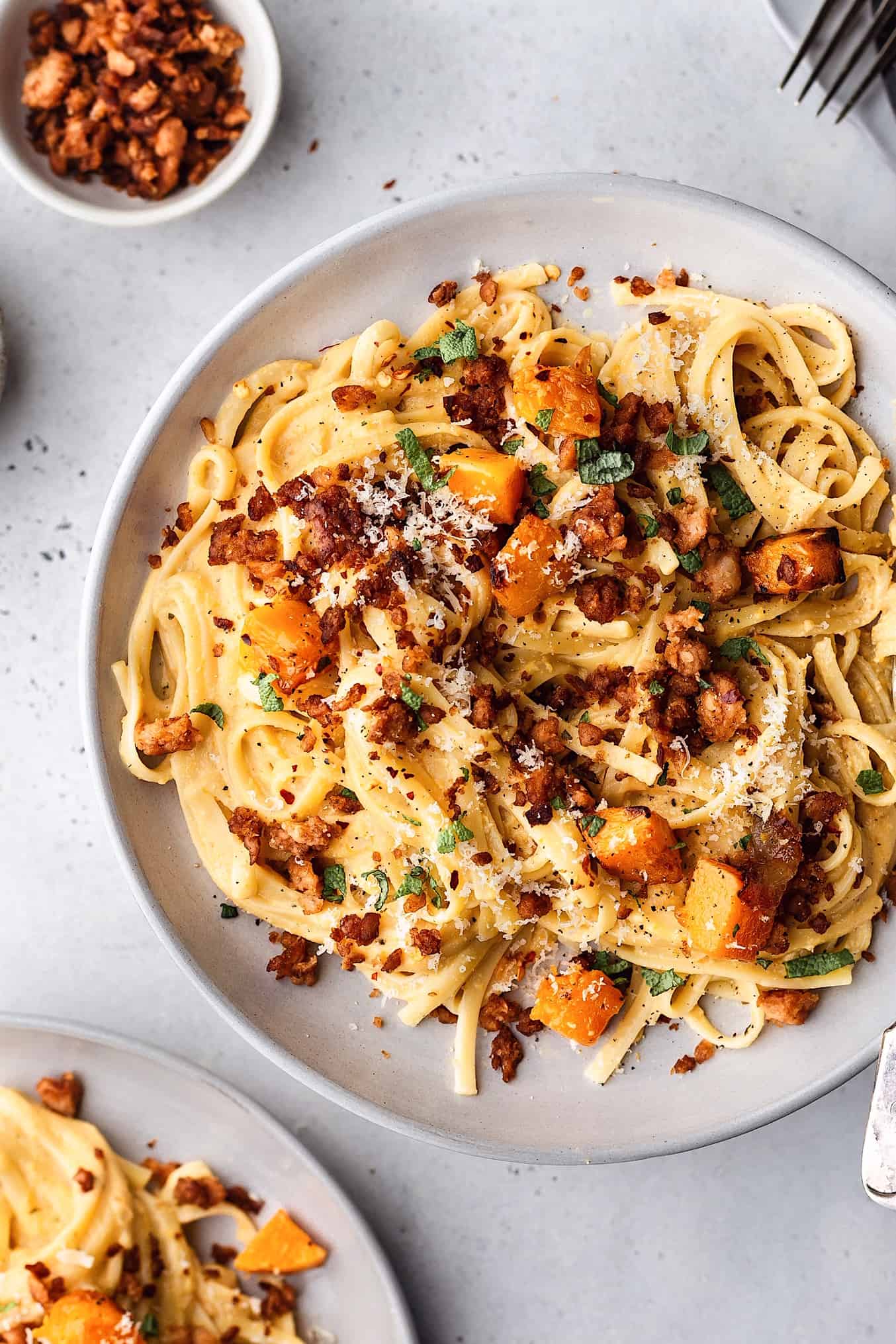 Creamy Butternut Squash Pasta with Sausage Crumbles - Cupful of Kale