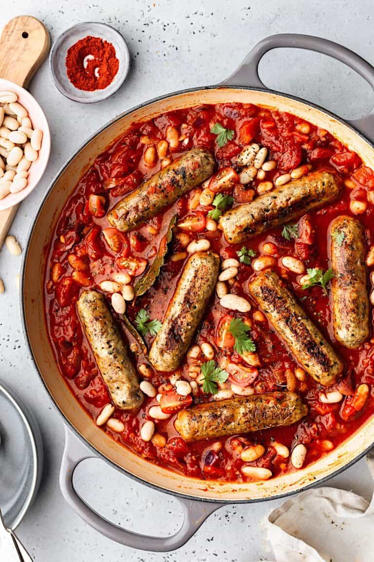 Vegan Sausage and Cannellini Bean Casserole #vegan #recipe #food #sausage #casserole #stew #cannellini #bean