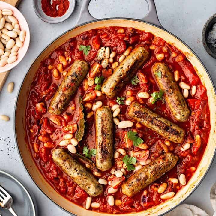 Vegan Sausage and Cannellini Bean Casserole #vegan #recipe #food #sausage #casserole #stew #cannellini #bean