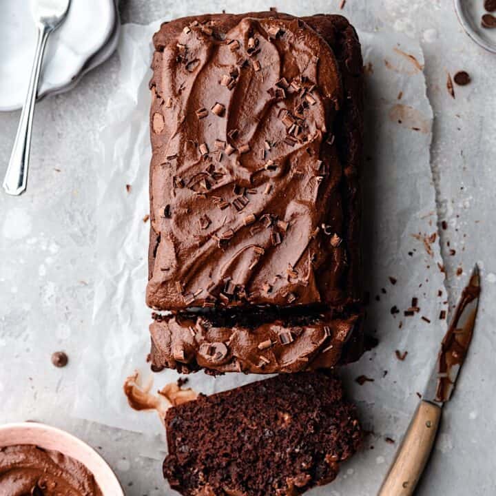 Vegan Double Chocolate Chip Cake with Chocolate Frosting #chocolate #cake #vegan #frosting #dairyfree #loafcake #birthdaycake