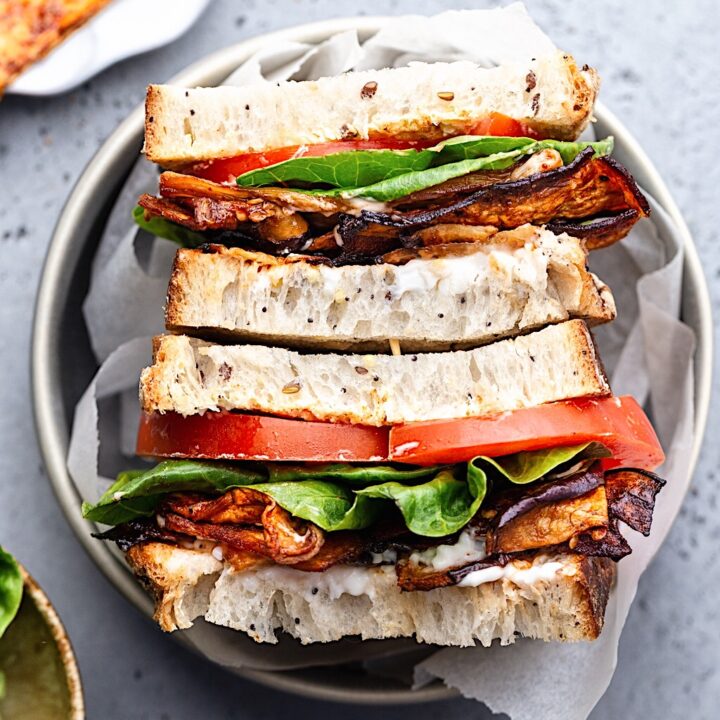 Vegan Eggplant Bacon BLT Sandwich #vegan #eggplant #aubergine #bacon #recipe #sandwich #lunch