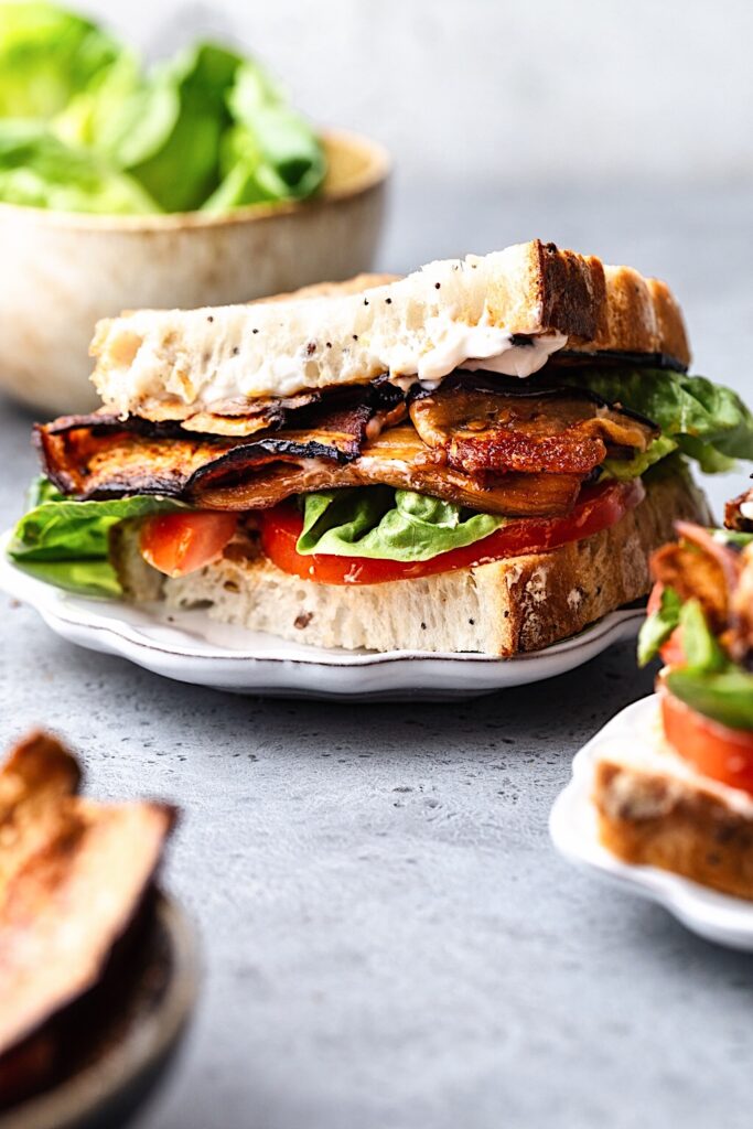 Vegan Eggplant Bacon BLT Sandwich #vegan #eggplant #aubergine #bacon #recipe #sandwich #lunch