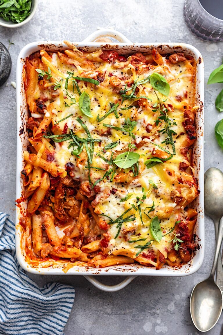 Vegan Pasta Bake #vegan #pasta #sausage #dairyfree #comfortfood