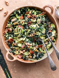 Shredded Sprouts, Kale, Walnut and Bacon Salad #salad #kale #brusselssprouts #bacon #vegan #dairyfree