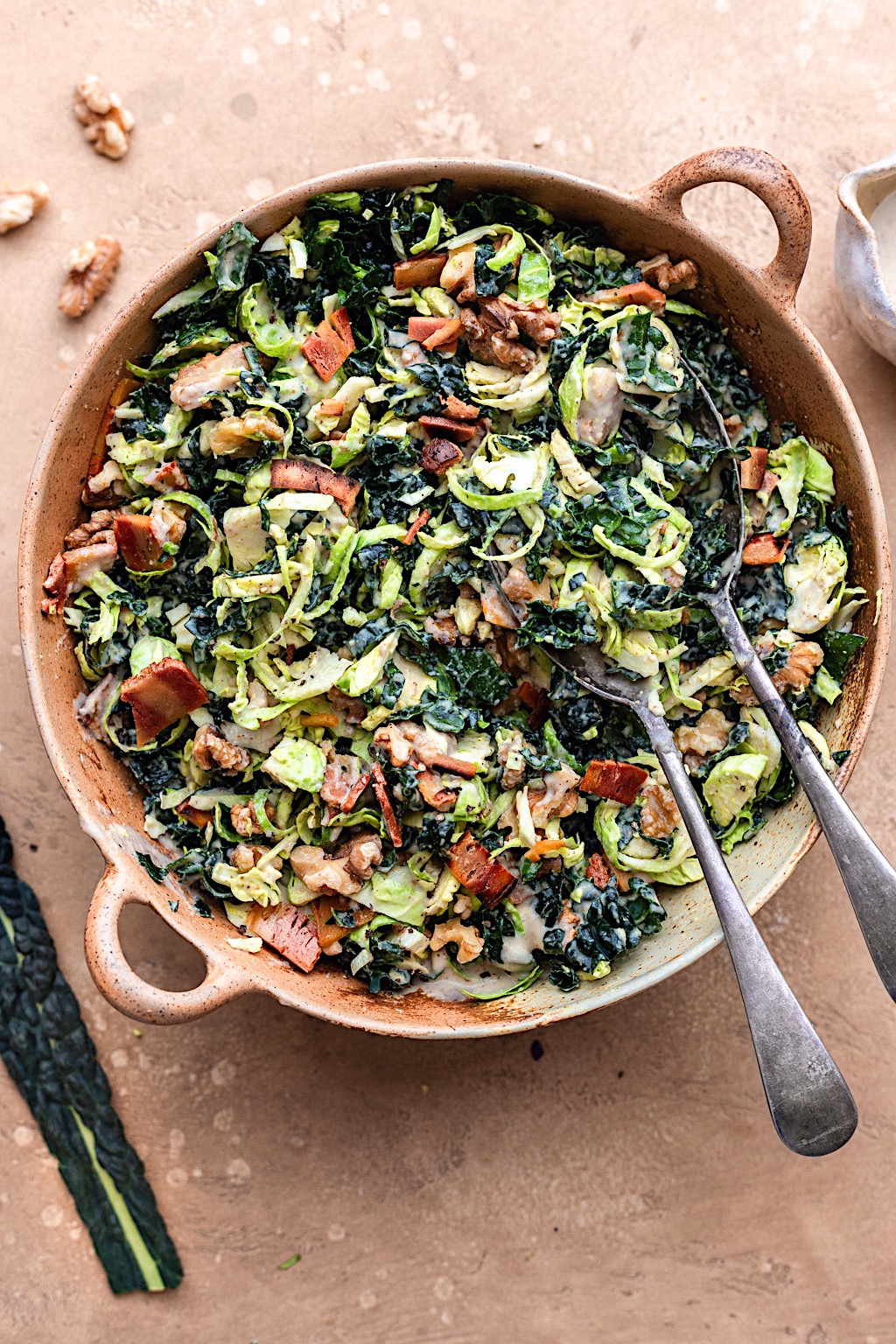 Shredded Sprouts, Kale, Walnut and Bacon Salad #salad #kale #brusselssprouts #bacon #vegan #dairyfree