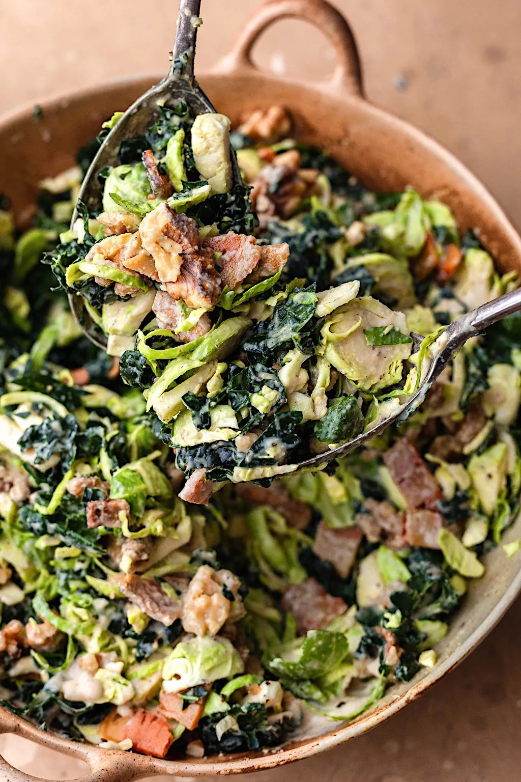 Vegan Shredded Sprouts, Kale, Walnut and Bacon Salad #salad #kale #brusselssprouts #bacon #vegan #dairyfree