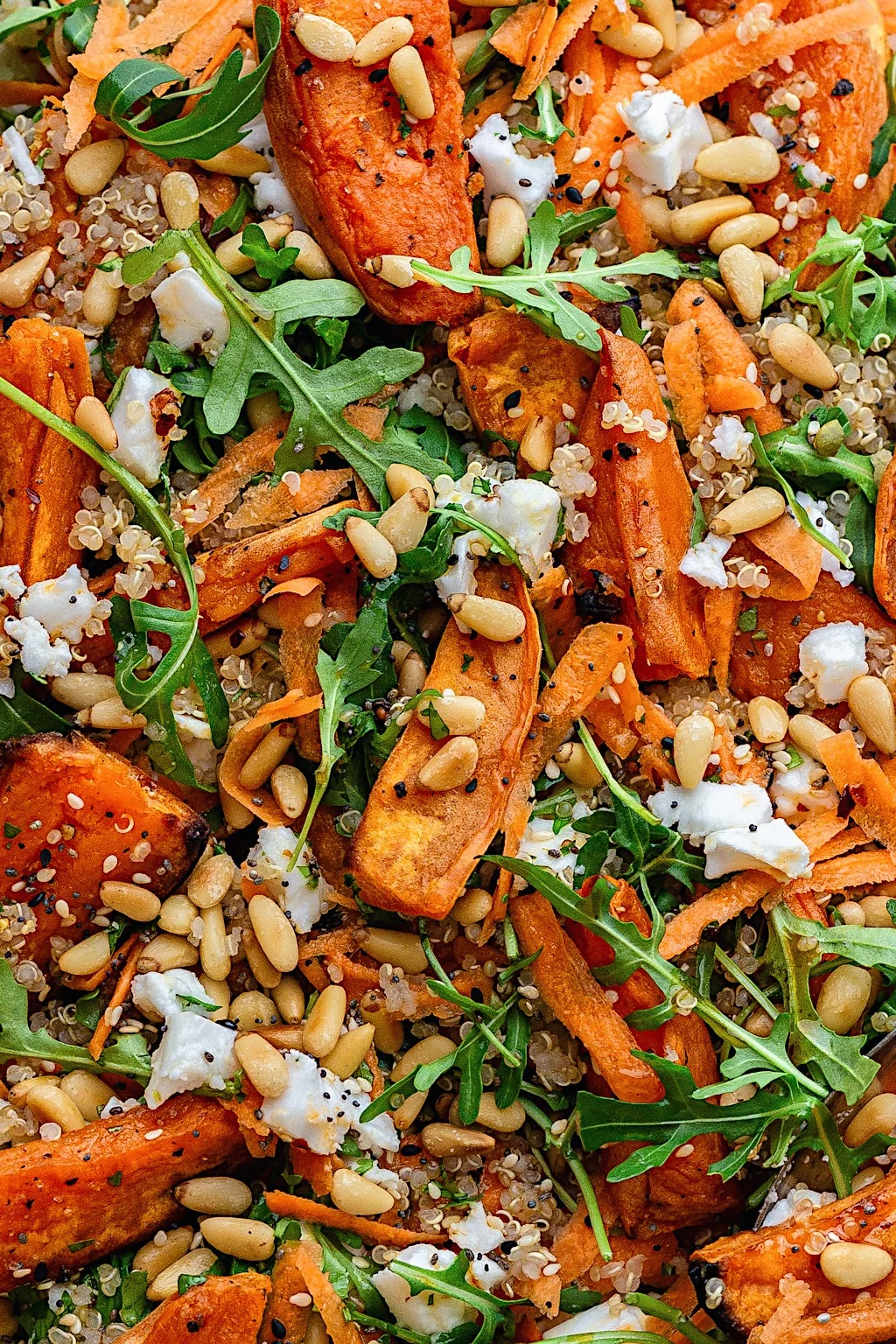 Sweet Potato, Carrot, Quinoa and Feta Salad #carrot #sweetpotato #salad #vegancheese