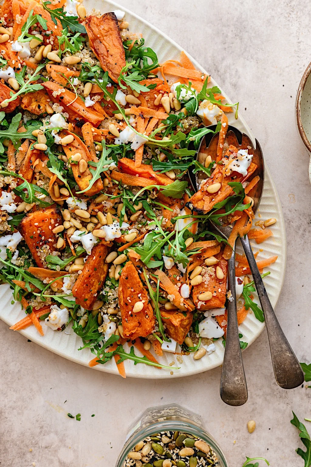 Sweet Potato, Carrot, Quinoa and Feta Salad #carrot #sweetpotato #salad #vegancheese