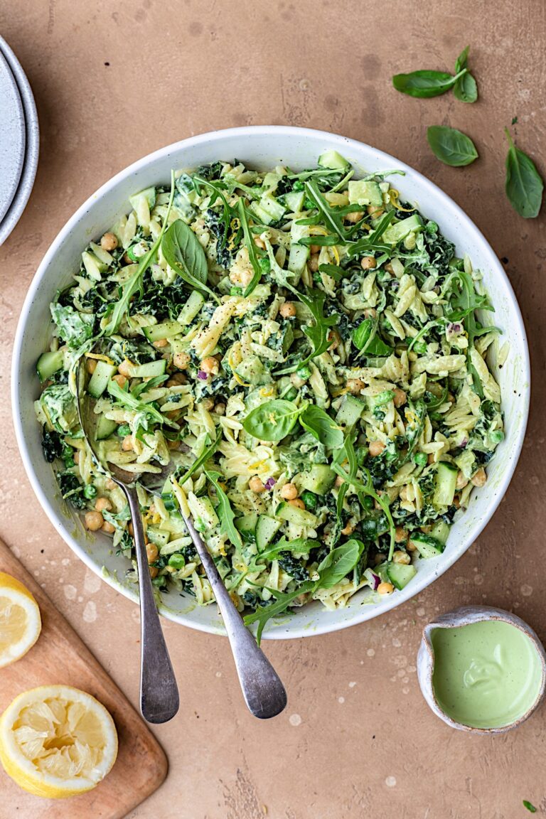 Orzo Pasta Salad with Creamy Avocado Dressing #vegan #salad #pasta #orzo #avocado #spring