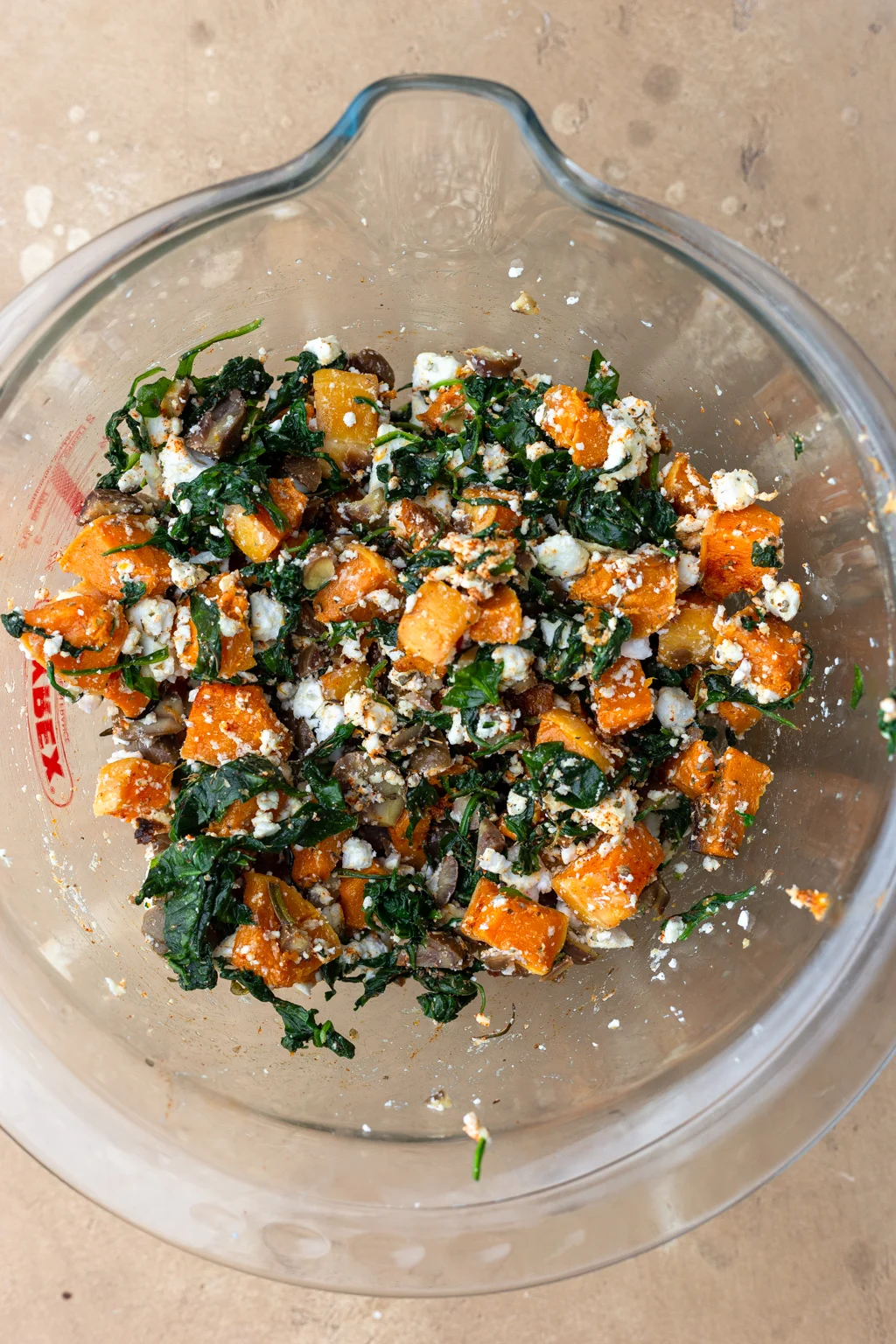 Butternut squash, spinach and feta filling mixed