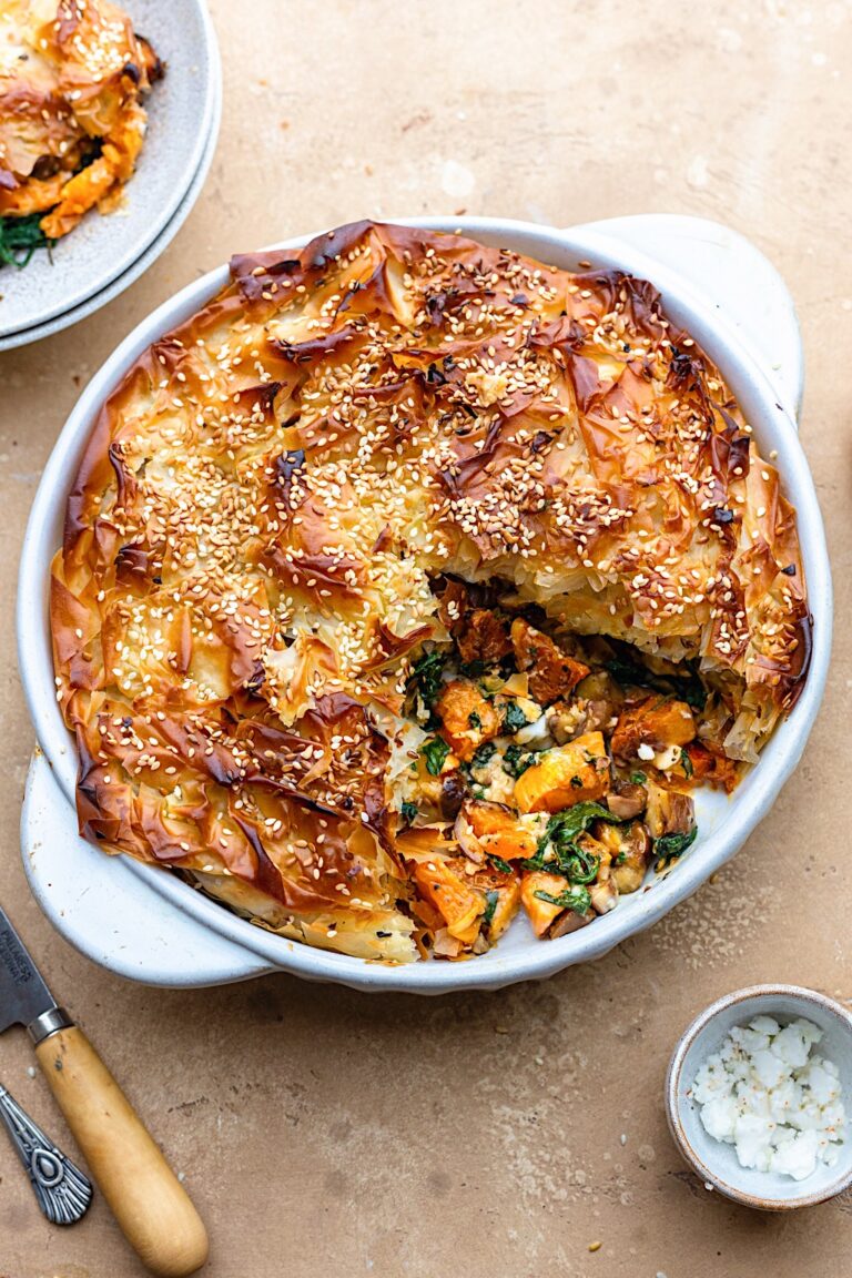 Vegan Butternut Squash, Chestnut, Spinach and Feta Filo Pie #spinach #squash #chestnut #feta #filo #vegan #christmas #pie