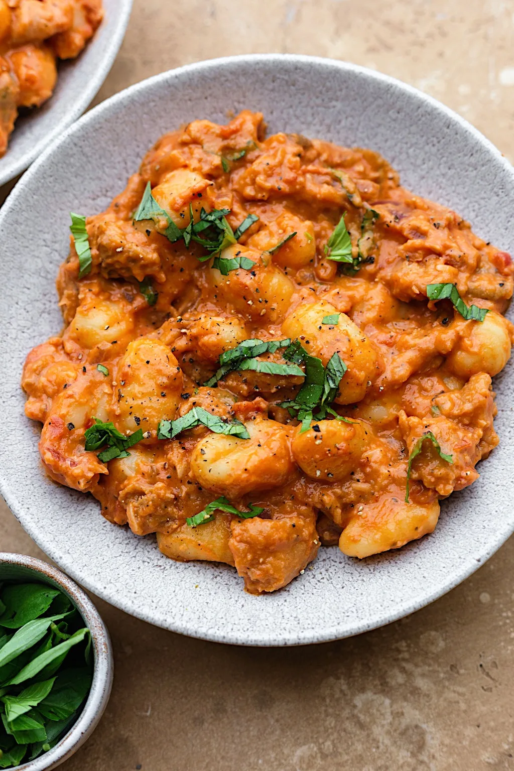 One Pan Vegan Creamy Sausage Gnocchi #gnocchi #pasta #sausage #onepan #vegan #dairyfree