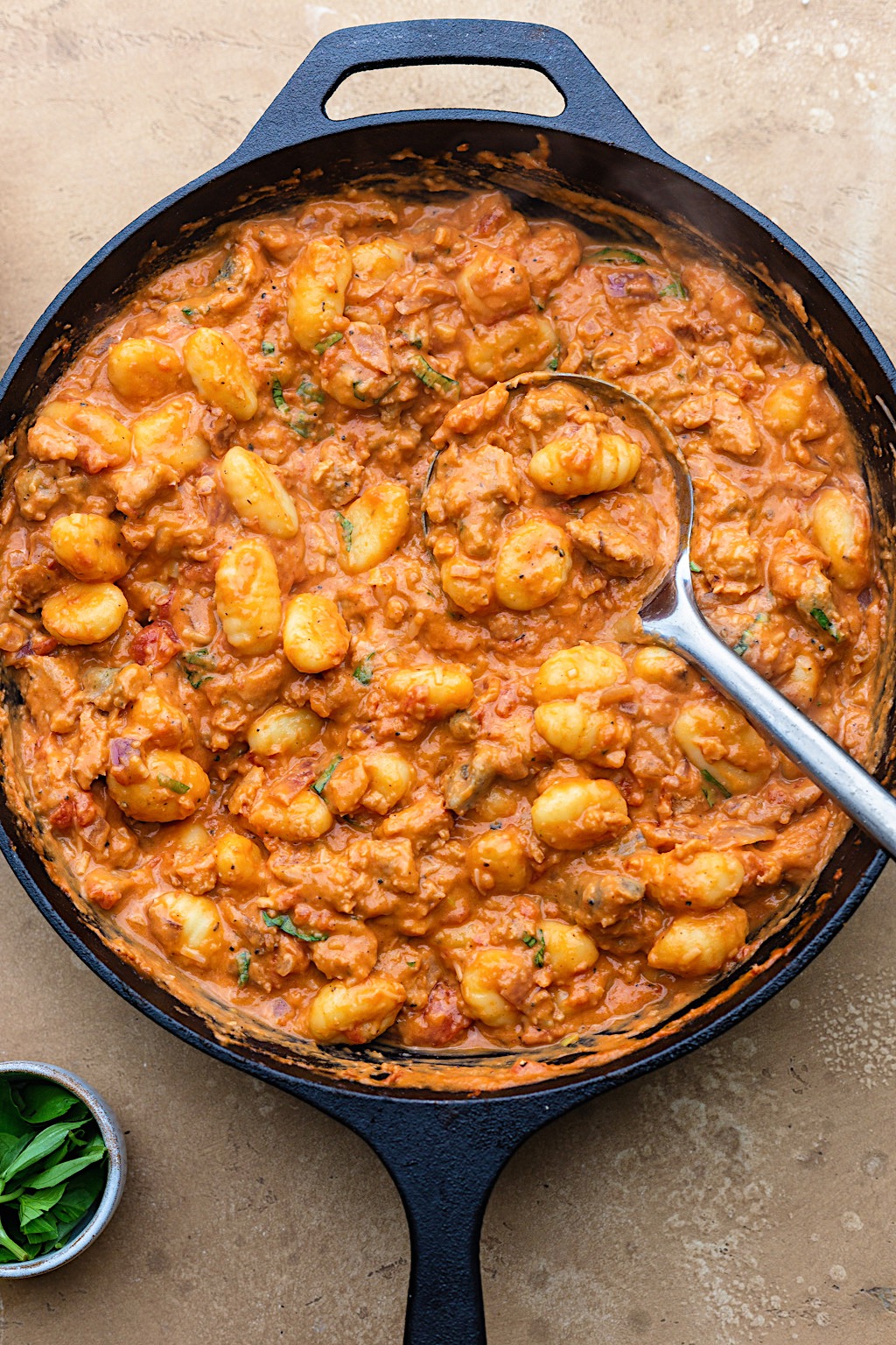 One Pan Vegan Creamy Sausage Gnocchi #gnocchi #pasta #sausage #onepan #vegan #dairyfree