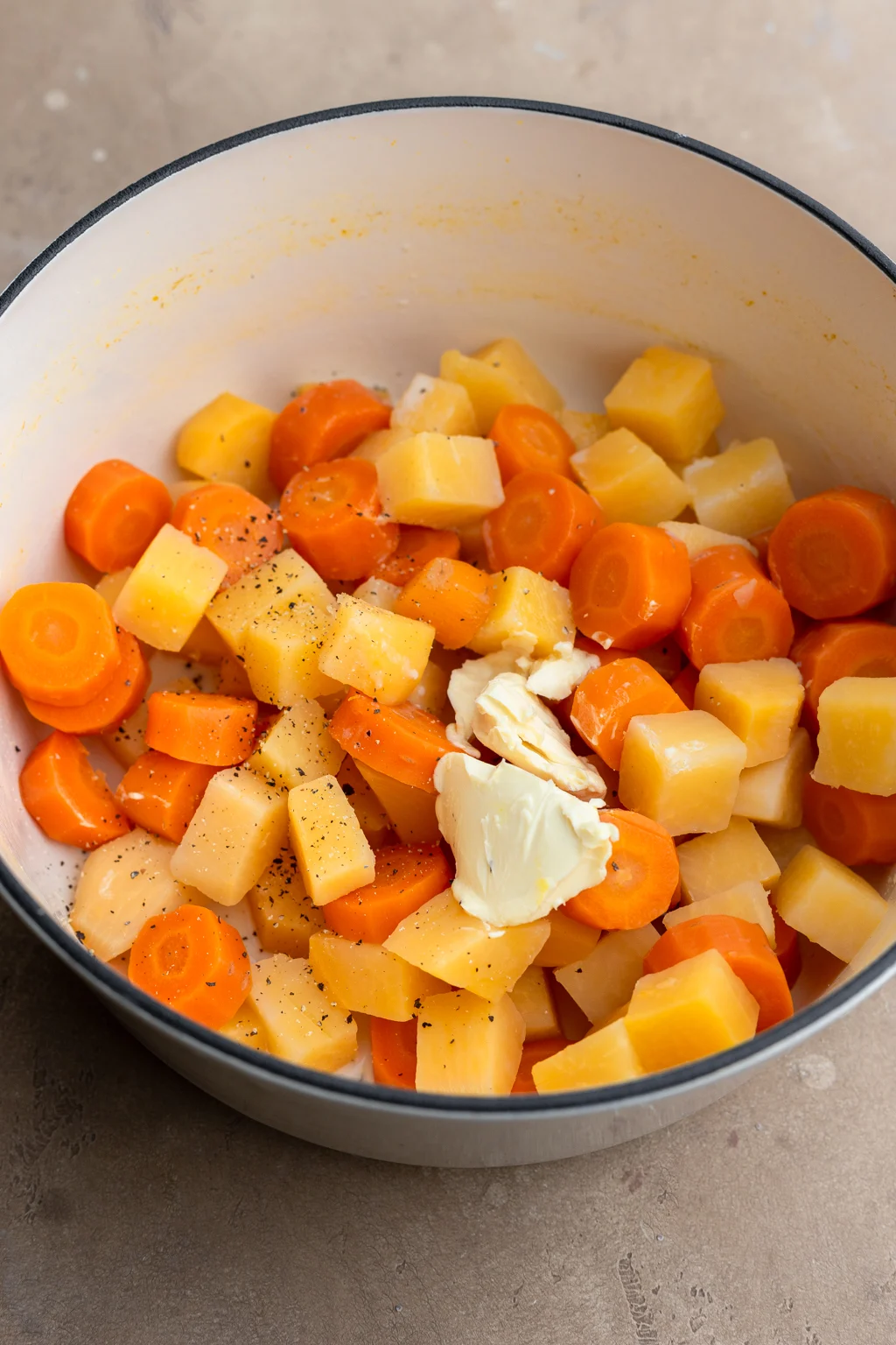 Carrot and Swede Mash Ingredients in Pan
